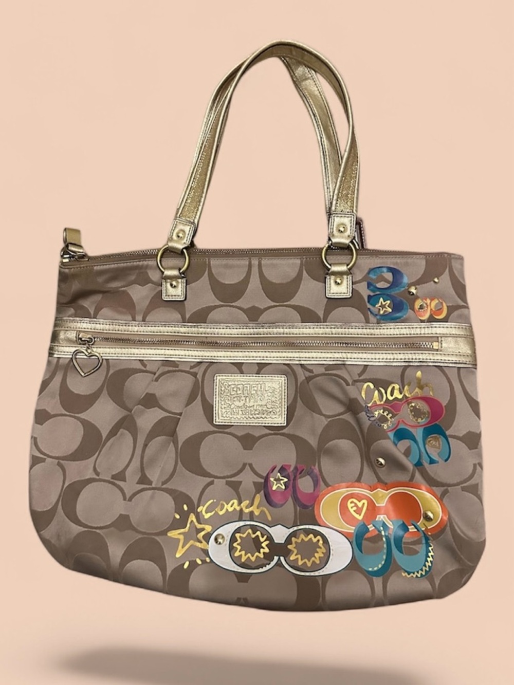 Coach Taupe Signature Tote with Metallic Gold Straps and Pop-Art Graphics